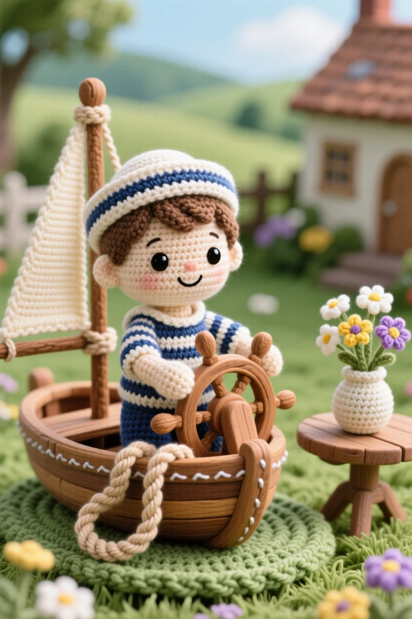 a small boy sailor, with a striped shirt and a rope in hand, steering a tiny wooden sailboat, in a quiet countryside cottage garden, with a small vase of wildflowers on the table nearby, conveying cheerful industriousness and community spirit.