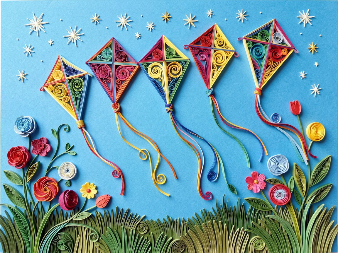a row of colorful kites flying against a blue sky, in an enchanted backyard garden, arranged with a joyful sense of motion and energy, with a sprinkle of twinkling stars overhead.