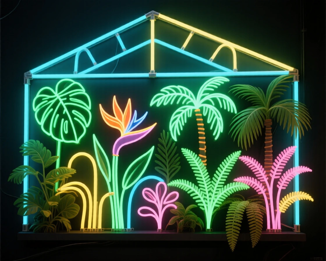 A greenhouse filled with rows of exotic tropical plants.