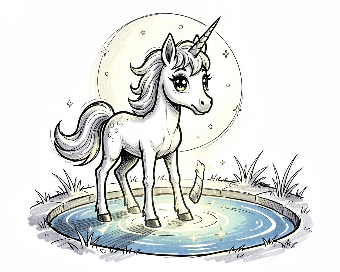 A moonlit unicorn foal beside a glowing magical pond.