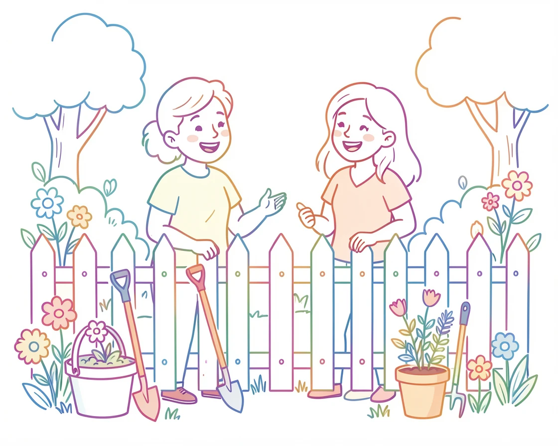 Neighbors chatting over a white picket fence while gardening.
