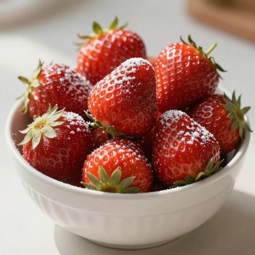A bowl of fresh strawberries dusted with powdered sugar