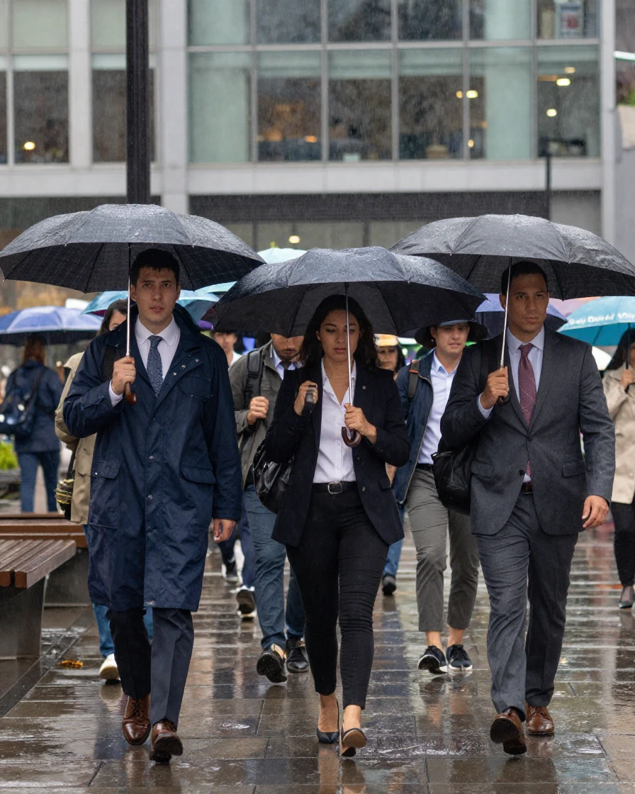 A group of commuters share an umbrella walking briskly through a rainy plaza.