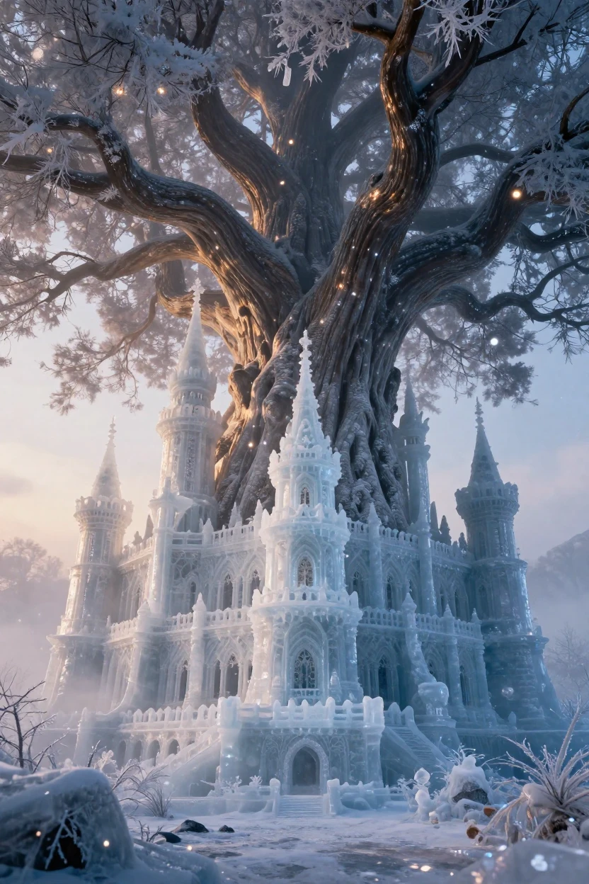 A castle carved from ice and frost appearing beneath the branches of a world tree as magic fills the air