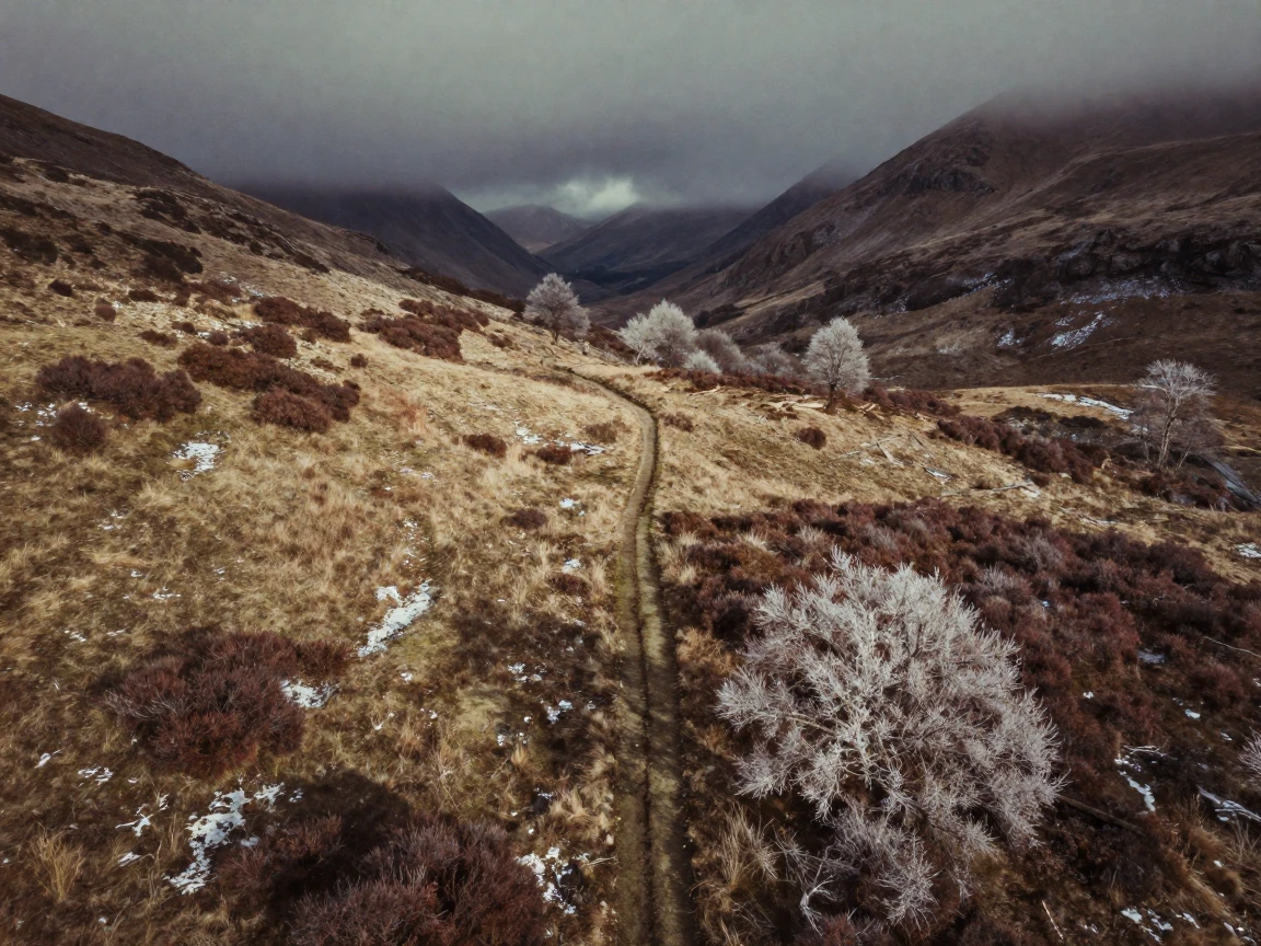 A winding trail cutting through alpine meadows toward distant peaks, in dappled light filtering through leaves, under a darkening storm sky, in the depths of winter, with muted olive and rust colors, shot from directly overhead.