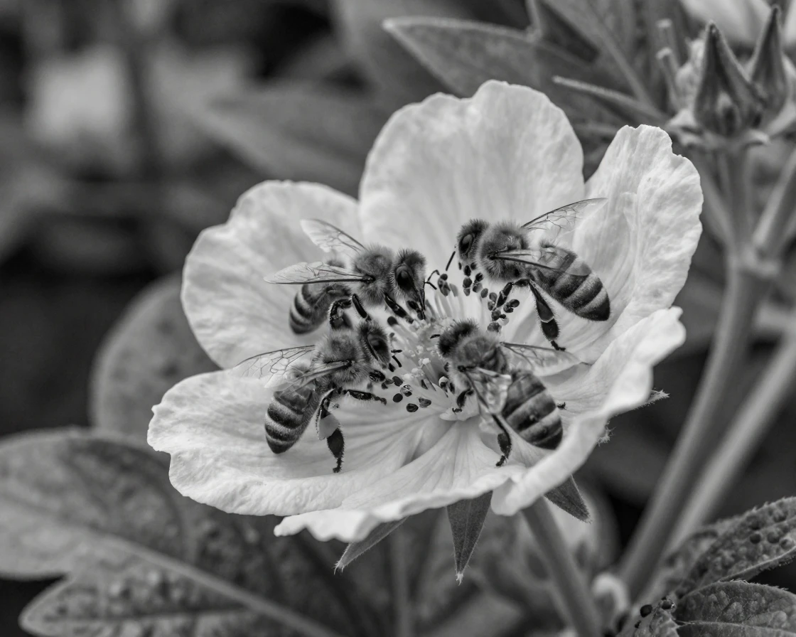 A swarm of honeybees gathers pollen from a blooming flower in a backyard vegetable garden.
