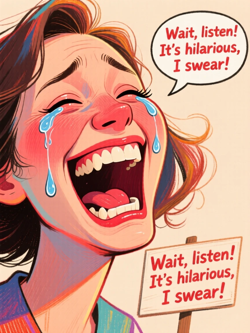 A woman caught laughing hysterically while trying to explain a joke through tears.