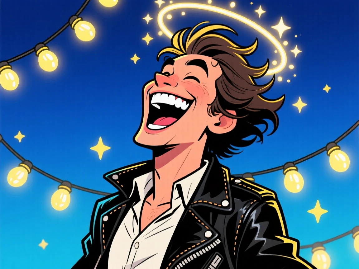 A charming portrait of a daring stuntman, throwing their head back in hearty laughter, surrounded by twinkling fairy lights.