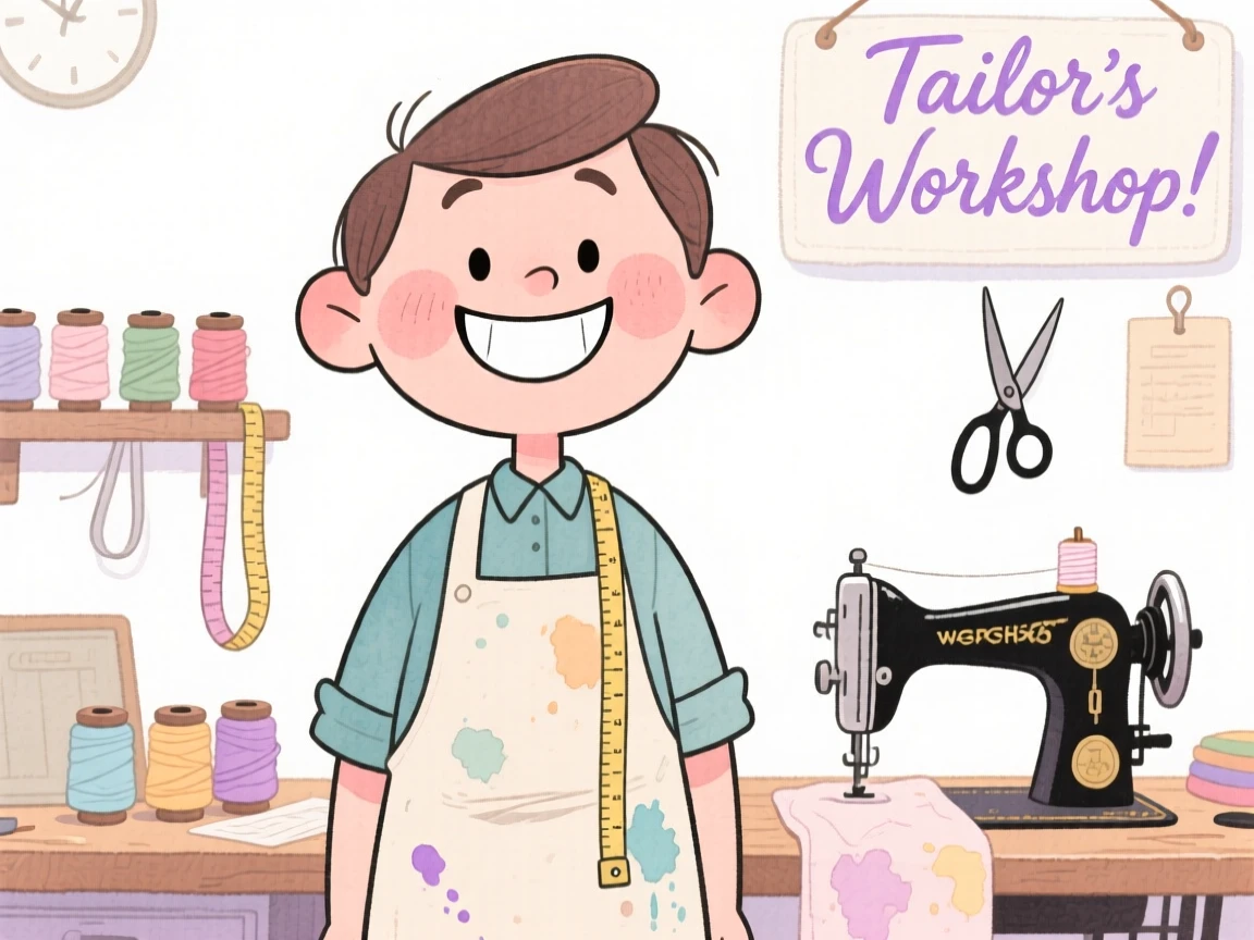 A tailor smiling proudly in front of their workspace