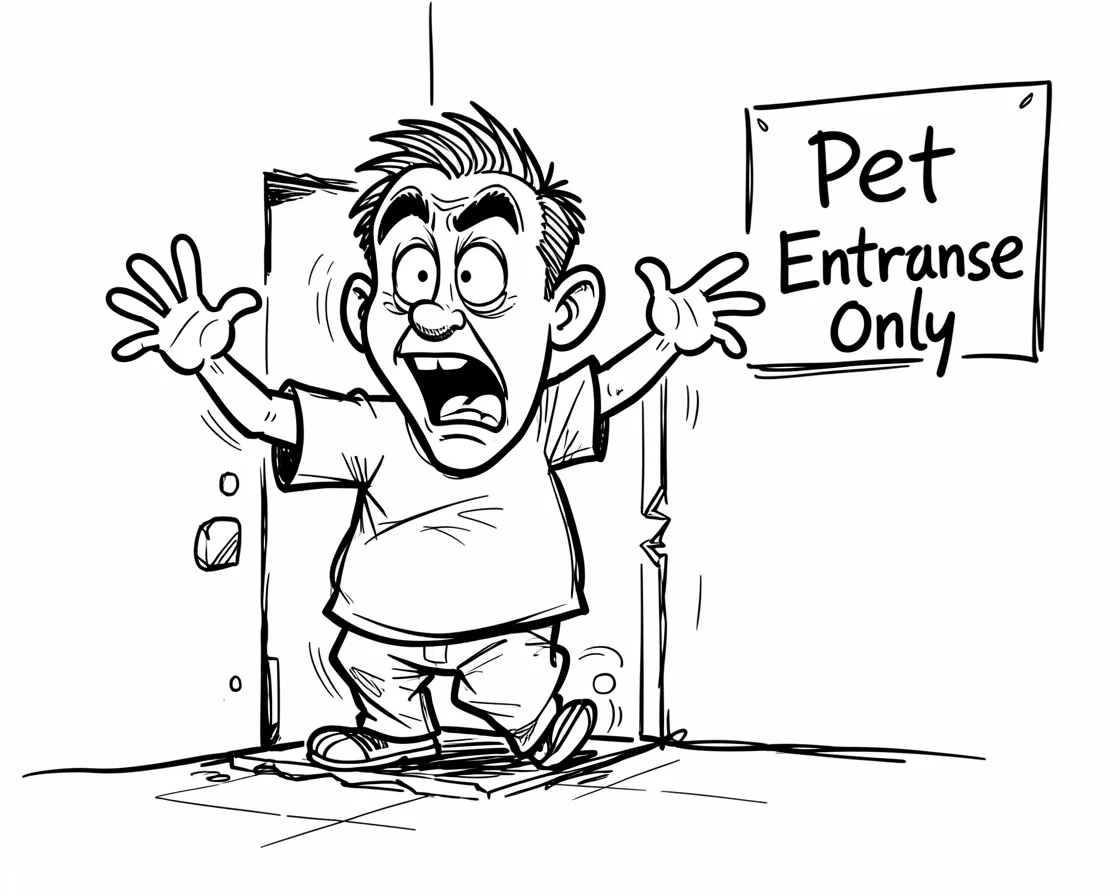 [Funny & Exaggerated Situations] Comical scene of a man comically stuck halfway through a too-small pet door, exaggerated for maximum laughs