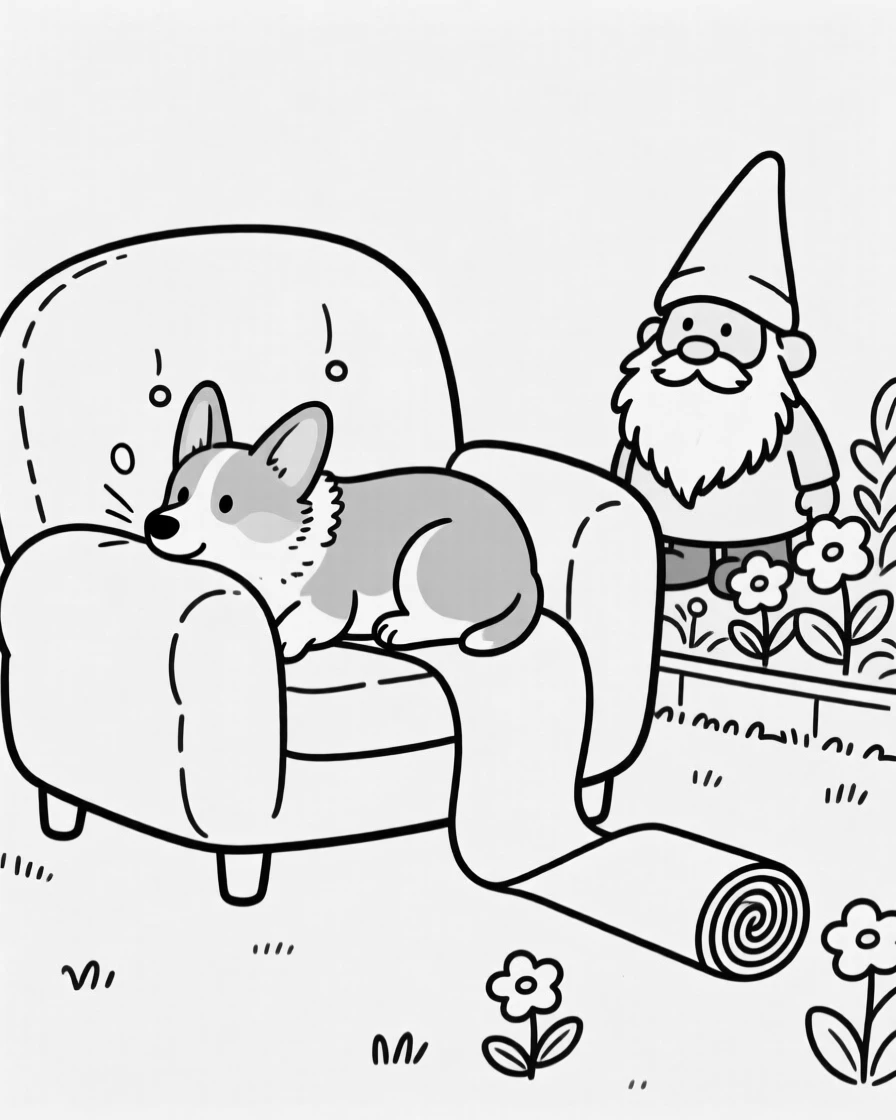 A tiny corgi with impossibly short legs, unrolling slowly to sniff the air, set curled up on a squishy armchair. A garden gnome watches from the flower bed. It's an irresistibly charming slice of animal personality.