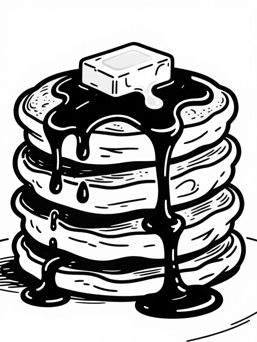A stack of fluffy pancakes drenched in syrup with butter melting on top.