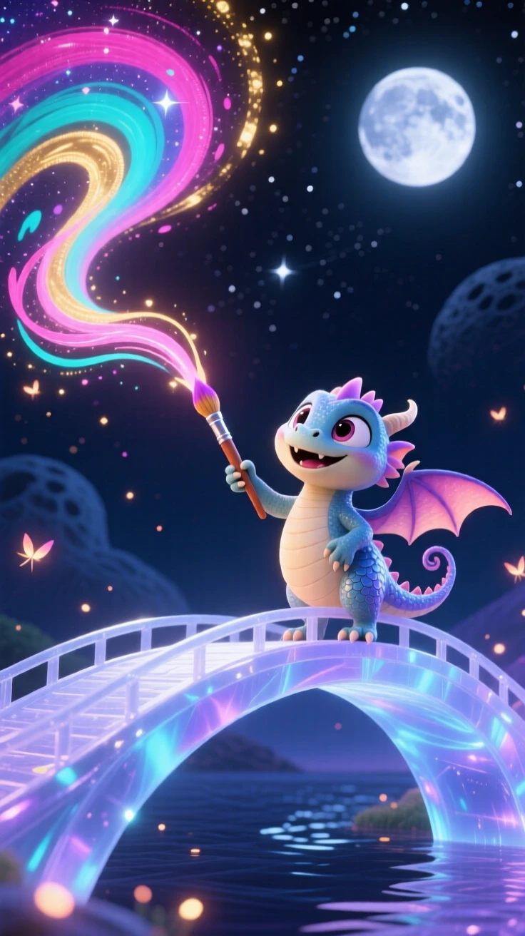 A small dragon hatchling stands on a bridge made of glowing moonlight, painting the sky with swirling colors. A quiet magic hums softly throughout the scene, with tiny sparkles drifting through the air.
