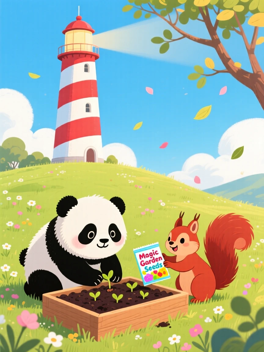 Near a striped lighthouse, a round-bellied panda cub is planting seeds in a garden bed alongside a small woodland friend, with a warm breeze rustling the branches.