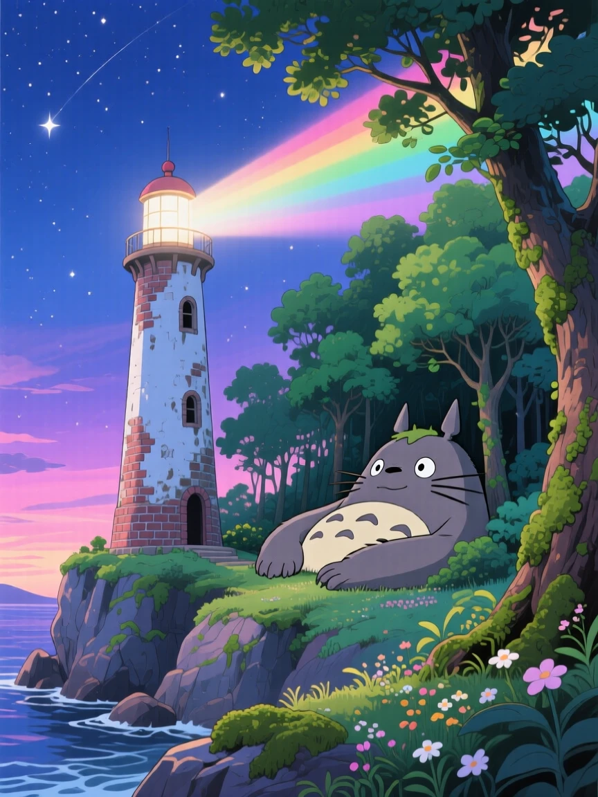 A lighthouse that beams color instead of light, where a gentle giant resting among the treetops can be seen nearby, the atmosphere magical and full of wonder.