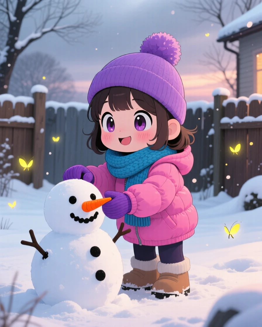 Full-body shot of a young girl, building a snowman with a carrot nose, in a snowy front yard, as fireflies begin to glow at dusk, illuminated by diffused overcast light, radiating eager anticipation.