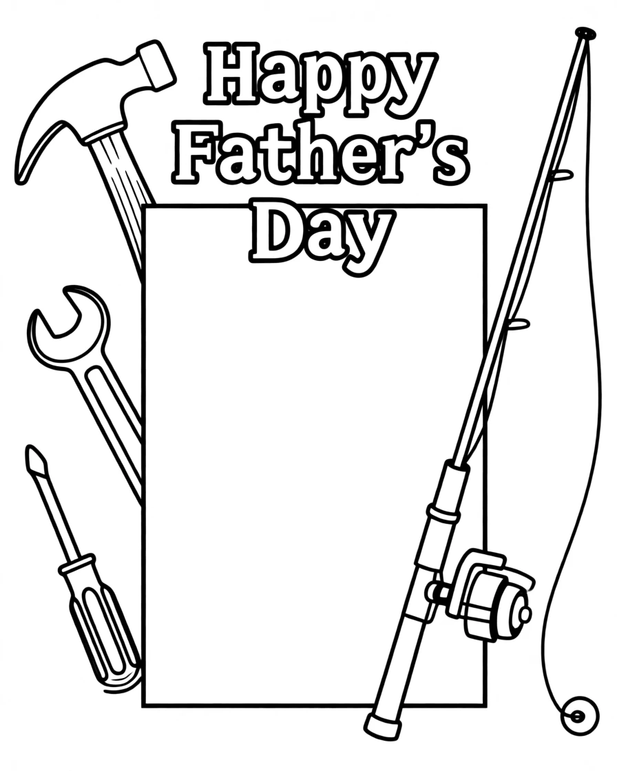 A Father's Day card with tools and a fishing rod drawing