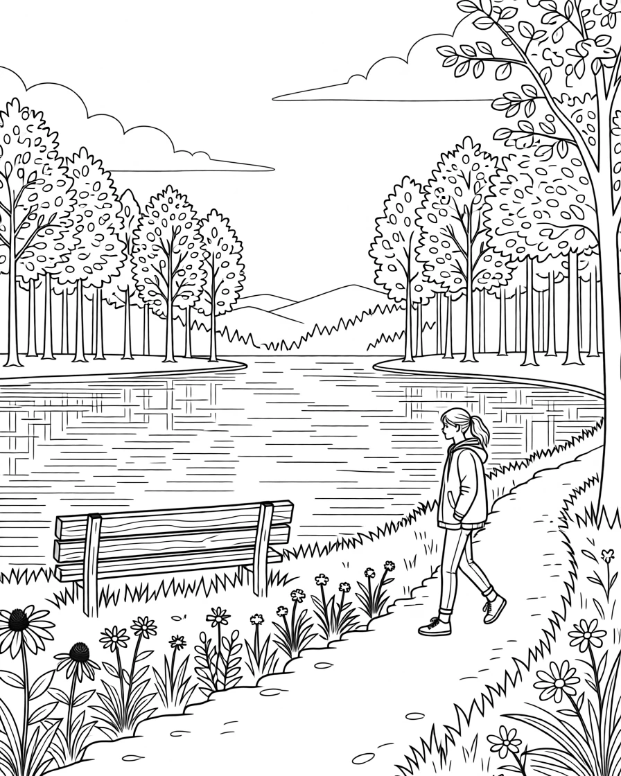 A quiet lake reflecting a ring of autumn trees, with wildflowers scattered along the trail.