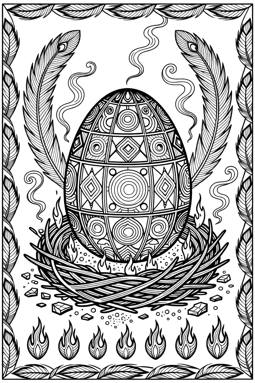 A phoenix egg glowing warmly atop a bed of embers.