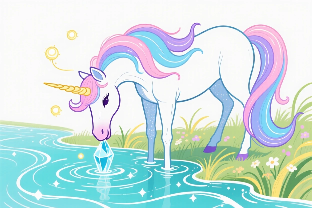 A unicorn drinking from a crystal-clear enchanted stream.