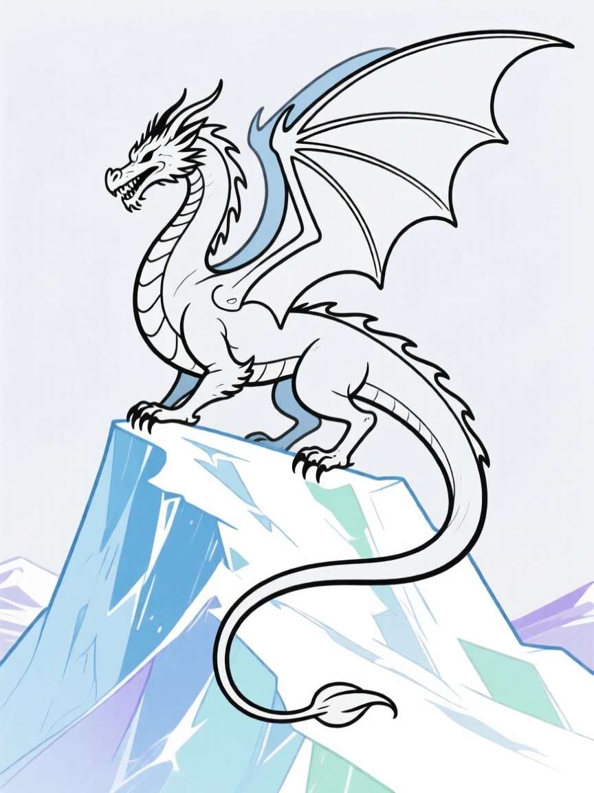 A colossal ice dragon perched atop a frozen glacier peak.