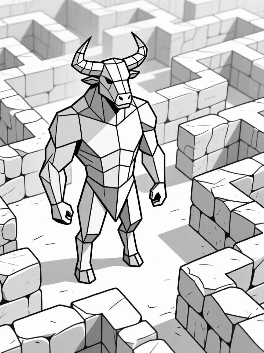 A minotaur standing in the center of a stone labyrinth