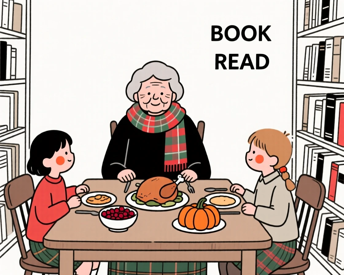 A grandmother and grandchildren of Scottish heritage gathering for Thanksgiving dinner, inside a vintage bookstore.