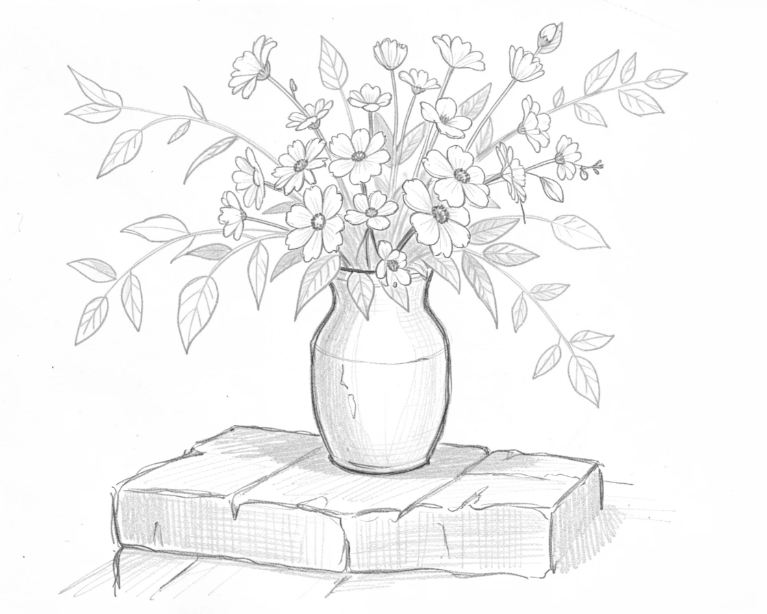 A close-up still life of a vase of wildflowers on an old stone step, framed by delicate green leaves.