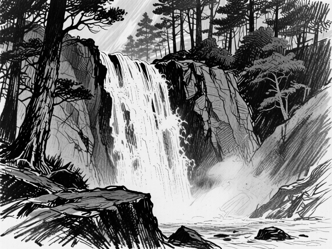 A towering waterfall with golden light streaming through the trees.