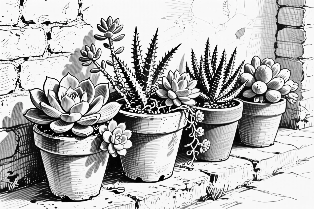 A potted succulent garden growing wild along a garden wall, with the texture of each petal richly defined, composed in a peacefully simple still-life arrangement.
