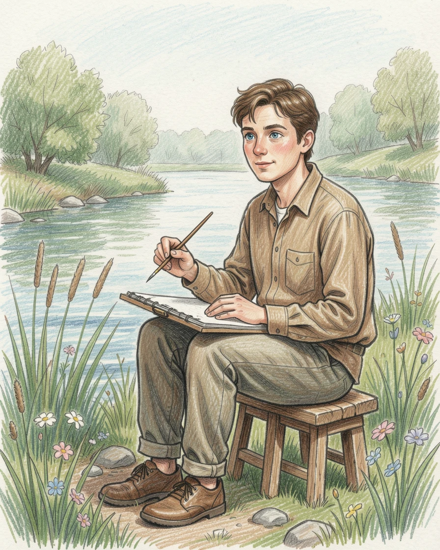 An artist painting outdoors beside a quiet riverbank, with expressive detail in the eyes and gentle facial features, celebrating everyday beauty and genuine emotion.