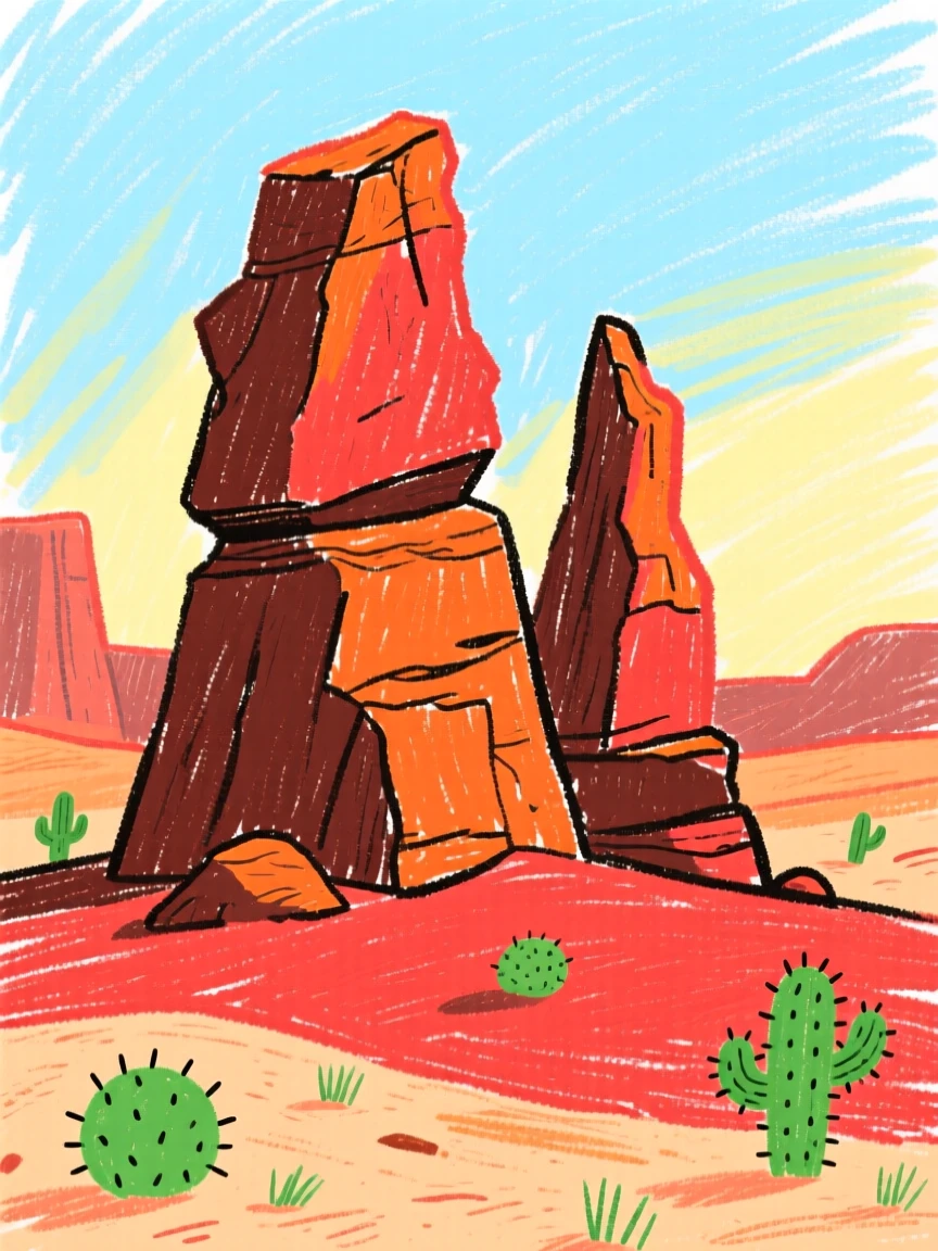 Ancient rock formations rising from a red desert landscape.