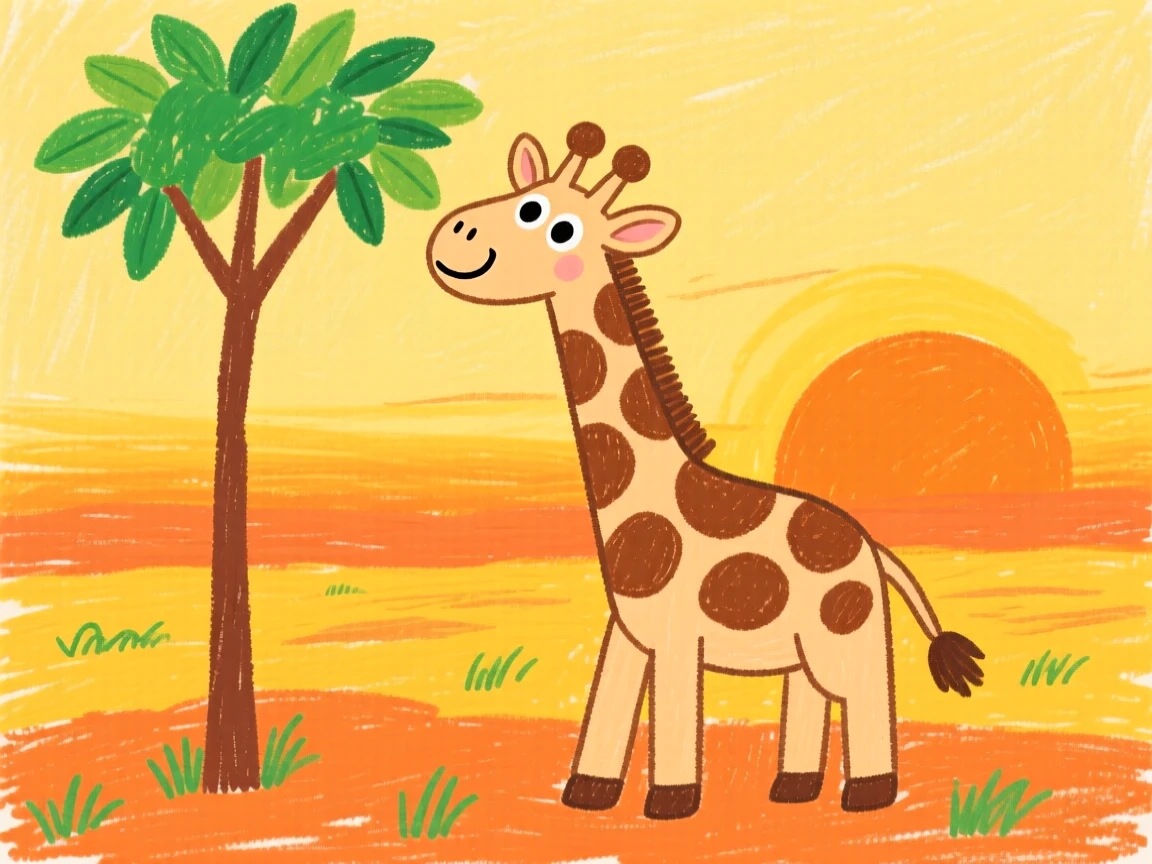 A giraffe reaching for treetop leaves at golden sunset on the African plains.