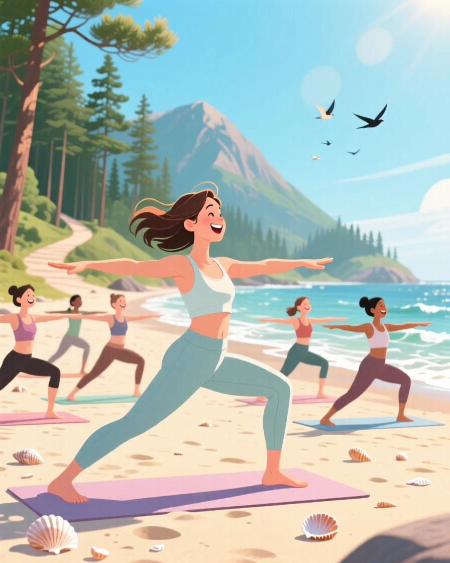 A yoga instructor leading a class on a sunny beach, on a scenic mountain trail surrounded by pines, composed with soft depth of field drawing focus to the subject, with small joyful details like flying hair or bright laughter.