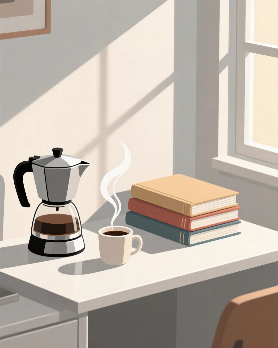 A morning scene of coffee station resting in a sunlit apartment beside a stack of favorite books, radiating simple contentment.