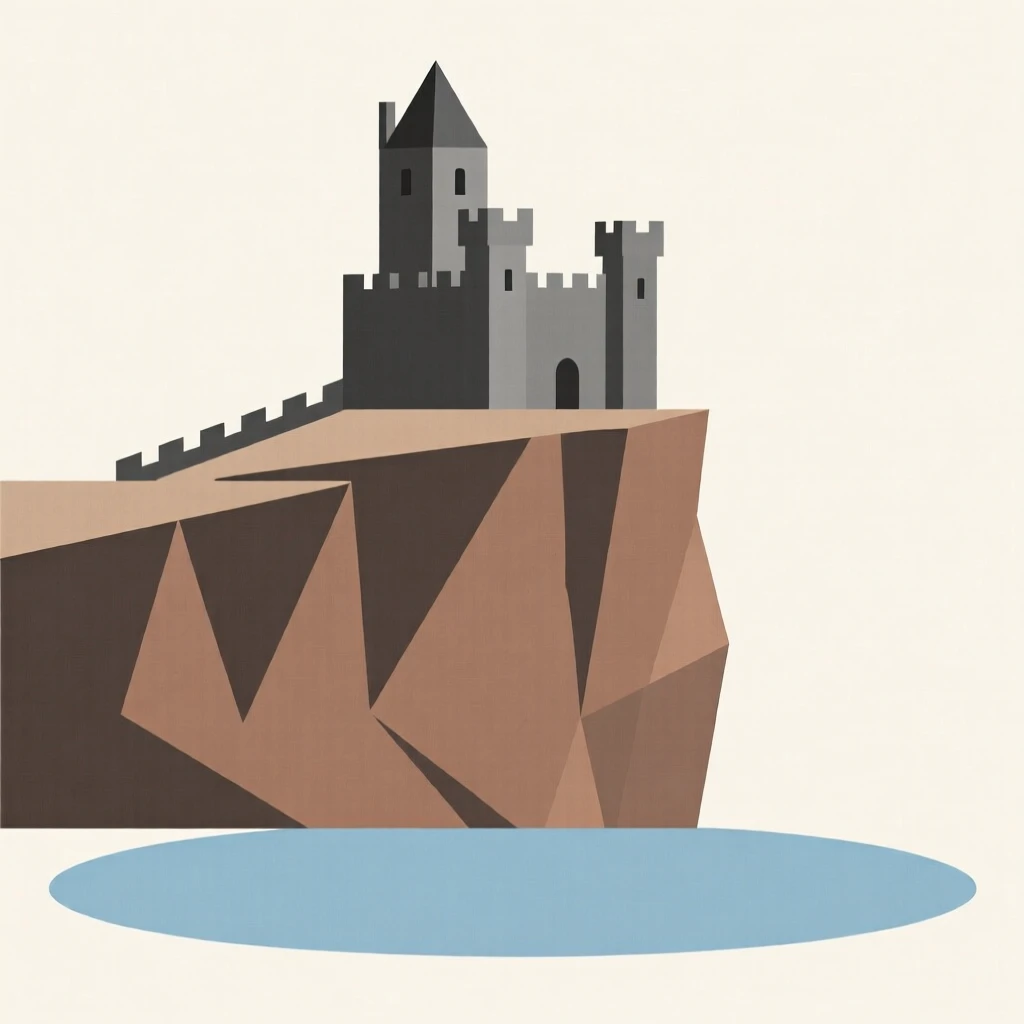 A castle perched on a cliff above a lake