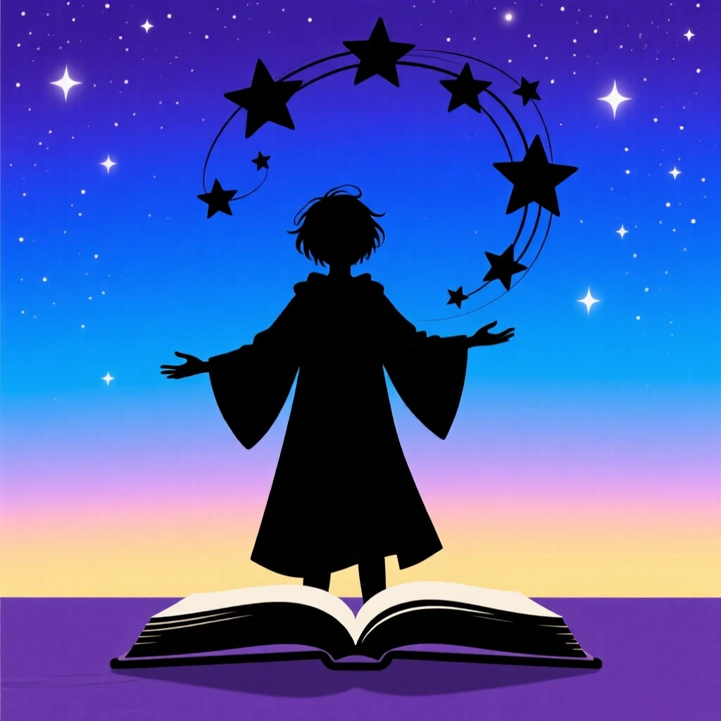 A young mage summoning a swirl of stars above an open spellbook.