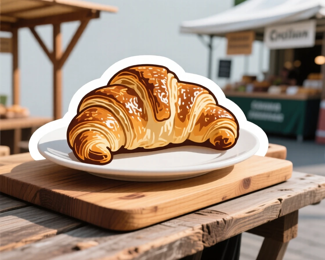A perfectly plated fresh croissant with flaky layers, resting on a rustic wooden board, at an outdoor market stall.