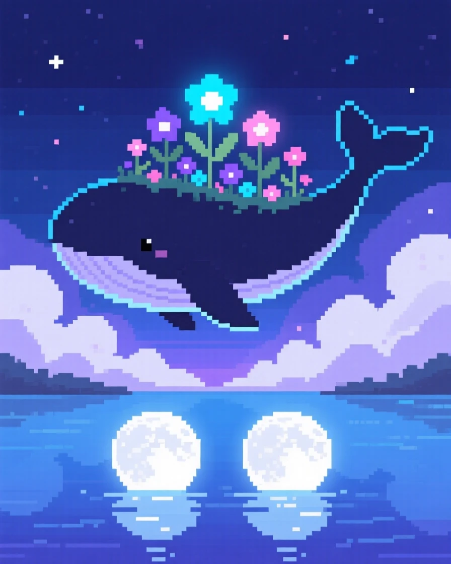 A sky whale drifting above the clouds tending a garden of enchanted flowers, beside a lake reflecting two moons.