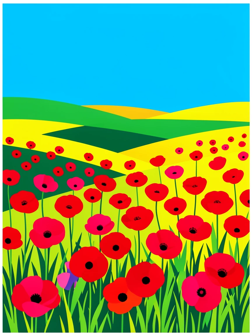 Rolling countryside dotted with red poppies