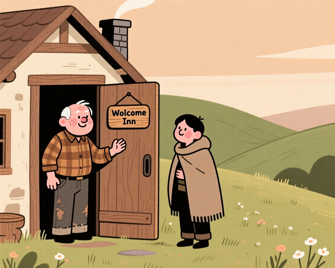 A kind old woodcutter stands at the door of a cottage with a crooked chimney tucked into a hillside meadow, welcoming a weary traveler inside from the cold.