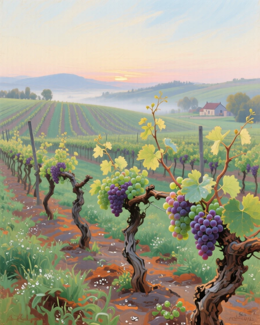 A grand panoramic scene of grapevines heavy with fruit ready for the autumn harvest, in early spring, just after sunrise.