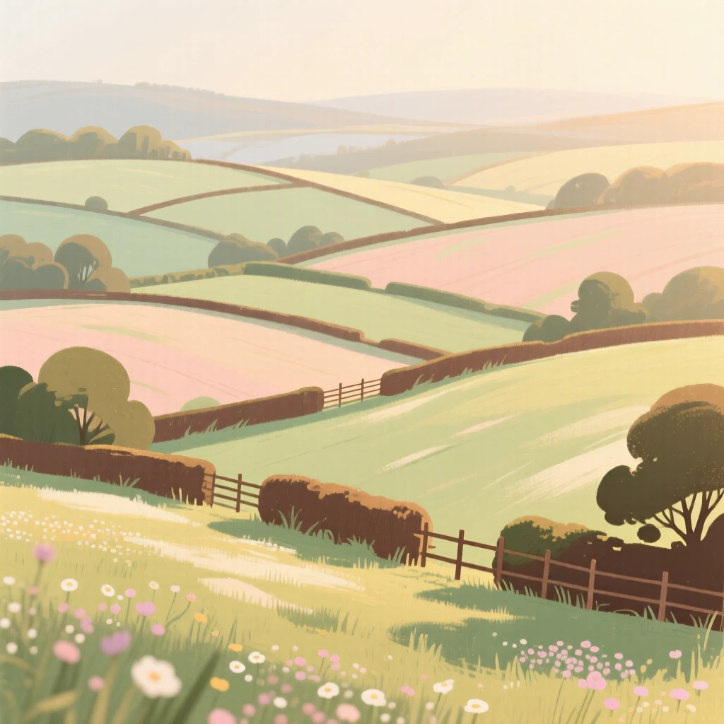 A sweeping view of rolling English countryside dotted with hedgerows