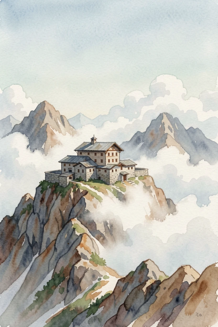 A mountaintop monastery wrapped in clouds on a clear summer afternoon.