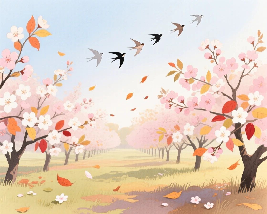 A breathtaking view of an orchard in full bloom as autumn leaves fall, where a flock of birds crosses the sky