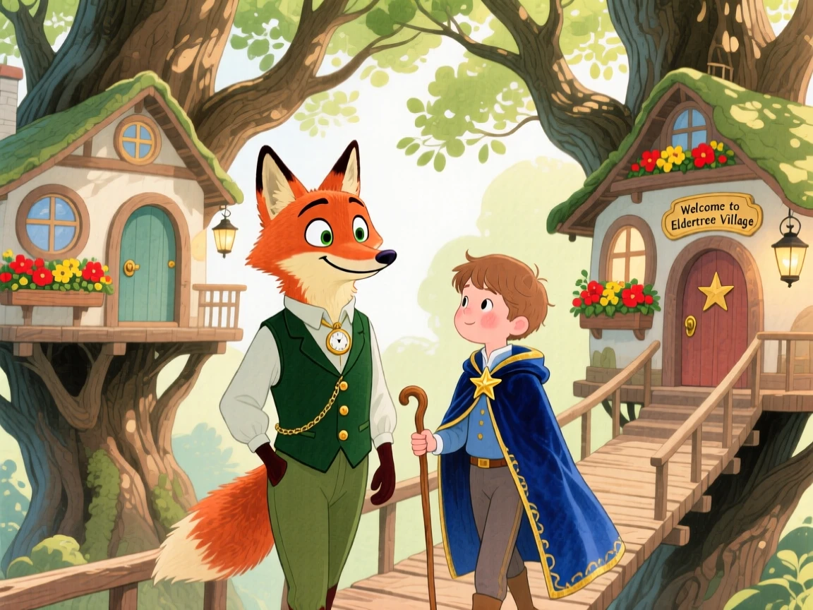 A talking fox in a waistcoat guiding a young prince in a velvet cloak through a magical treehouse village.