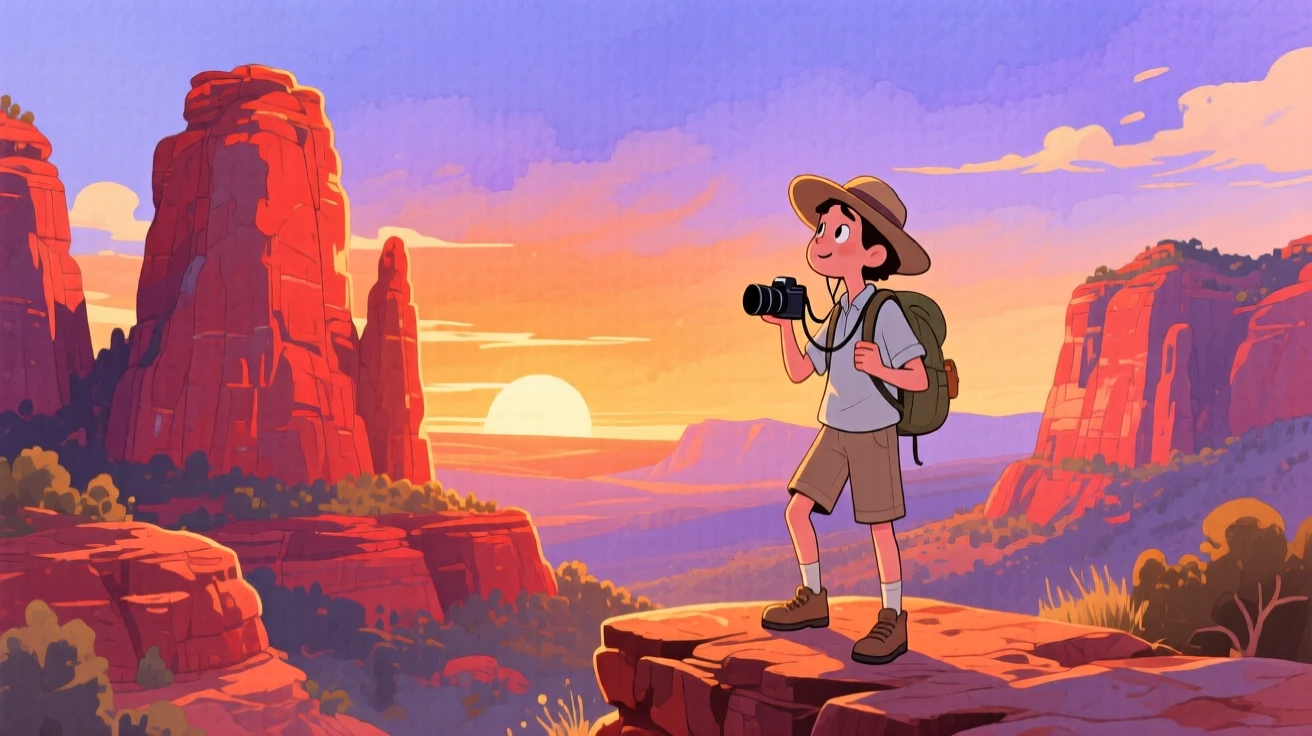 A traveler pauses to soak in the view amid the towering red rock formations of Sedona at sunset, capturing the wonder of discovering a new place.
