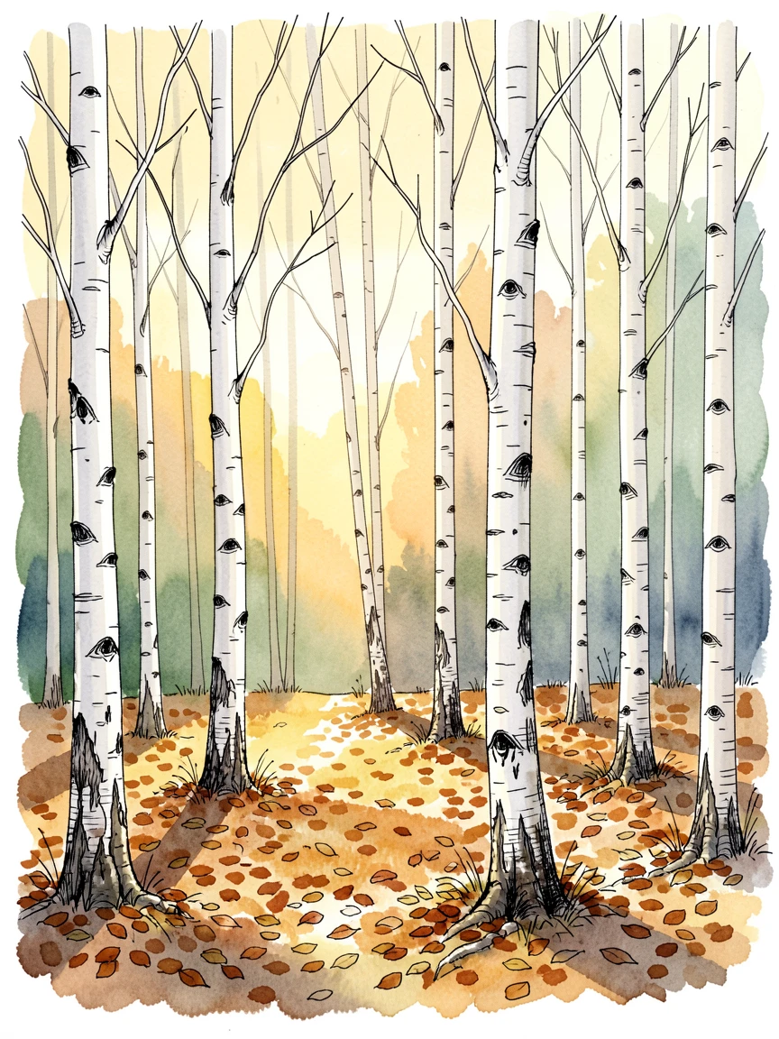 A quiet birch forest with slender white trunks rising from a carpet of fallen leaves, golden light spilling across the landscape at the close of day.