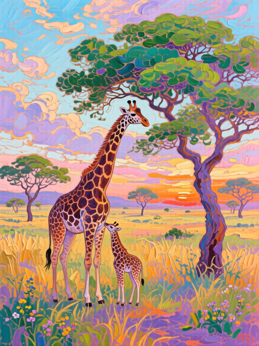 a giraffe family beneath acacia trees, under a vast open sky, with layered visual detail from foreground to horizon.