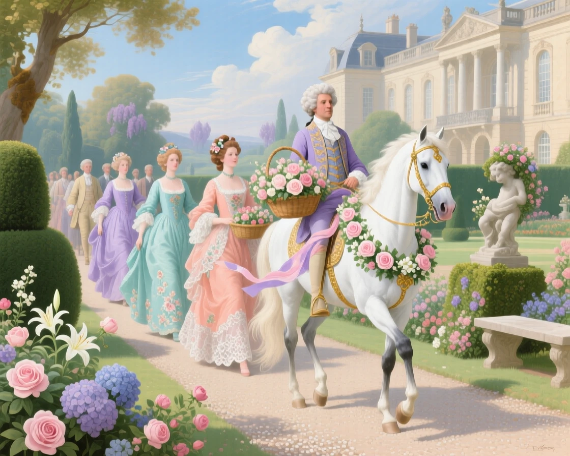 A summer floral parade led by white horses through palace gardens  